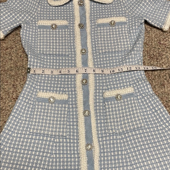 Blue and White check knit boucle ultra stretchy Dress with pearl/diamond buttons - Picture 5 of 10